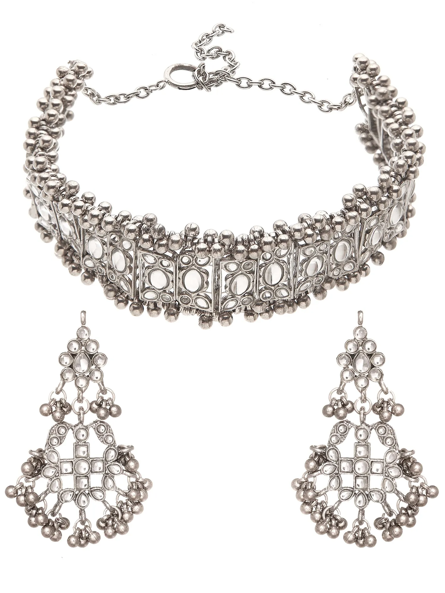 Oxidised Silver Tone Kundan and Tassel Ball Studded Choker Necklace Set