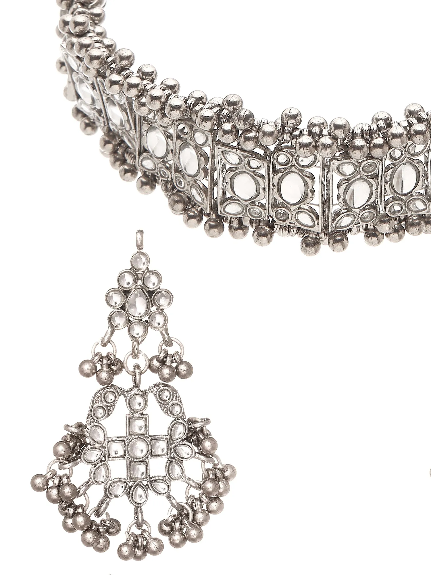 Oxidised Silver Tone Kundan and Tassel Ball Studded Choker Necklace Set