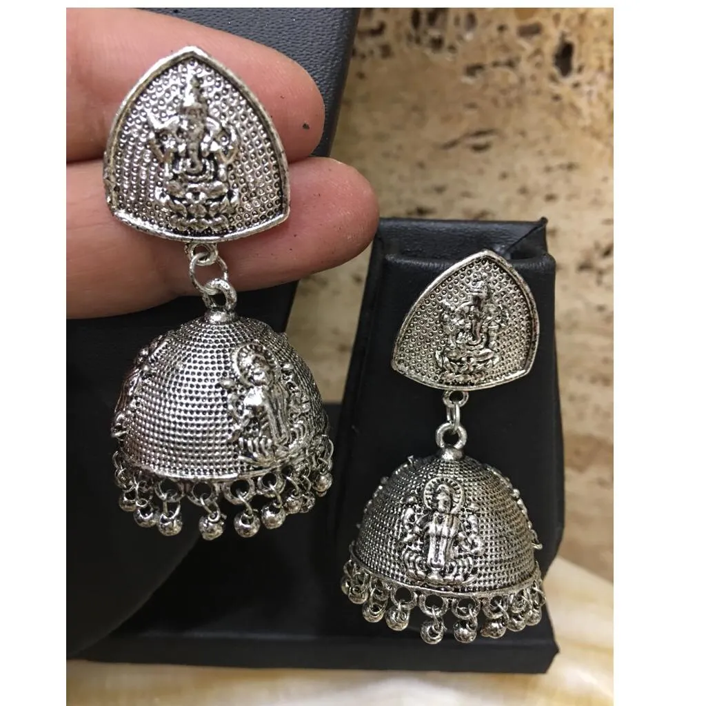 Oxidized Silver Afghani Tribal Ganesha God Temple Jhumki Earrings