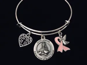 Patron Saint Agatha Breast Cancer Survivor Jewelry Charm Bracelet Adjustable Expandable Silver Bangle One Size Fits All Gift St Agatha Breast Cancer Awareness Guardian Angel Cross