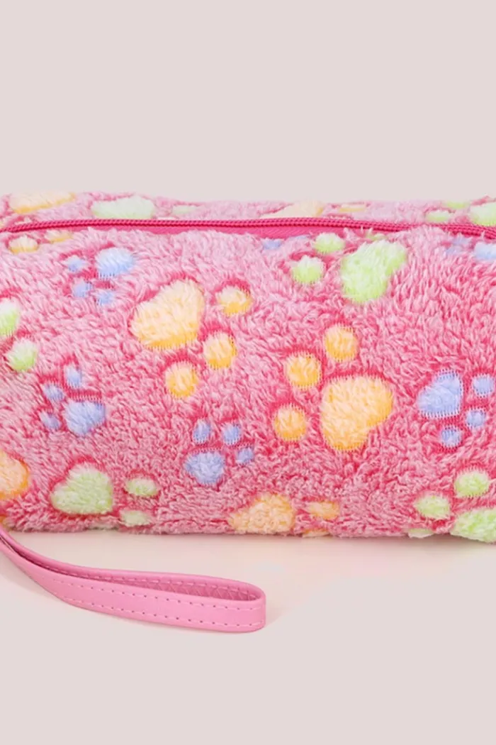 Paw Patterned Faux Fur Wristlet Pouch Bag