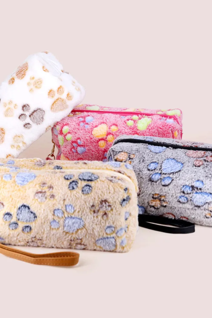 Paw Patterned Faux Fur Wristlet Pouch Bag