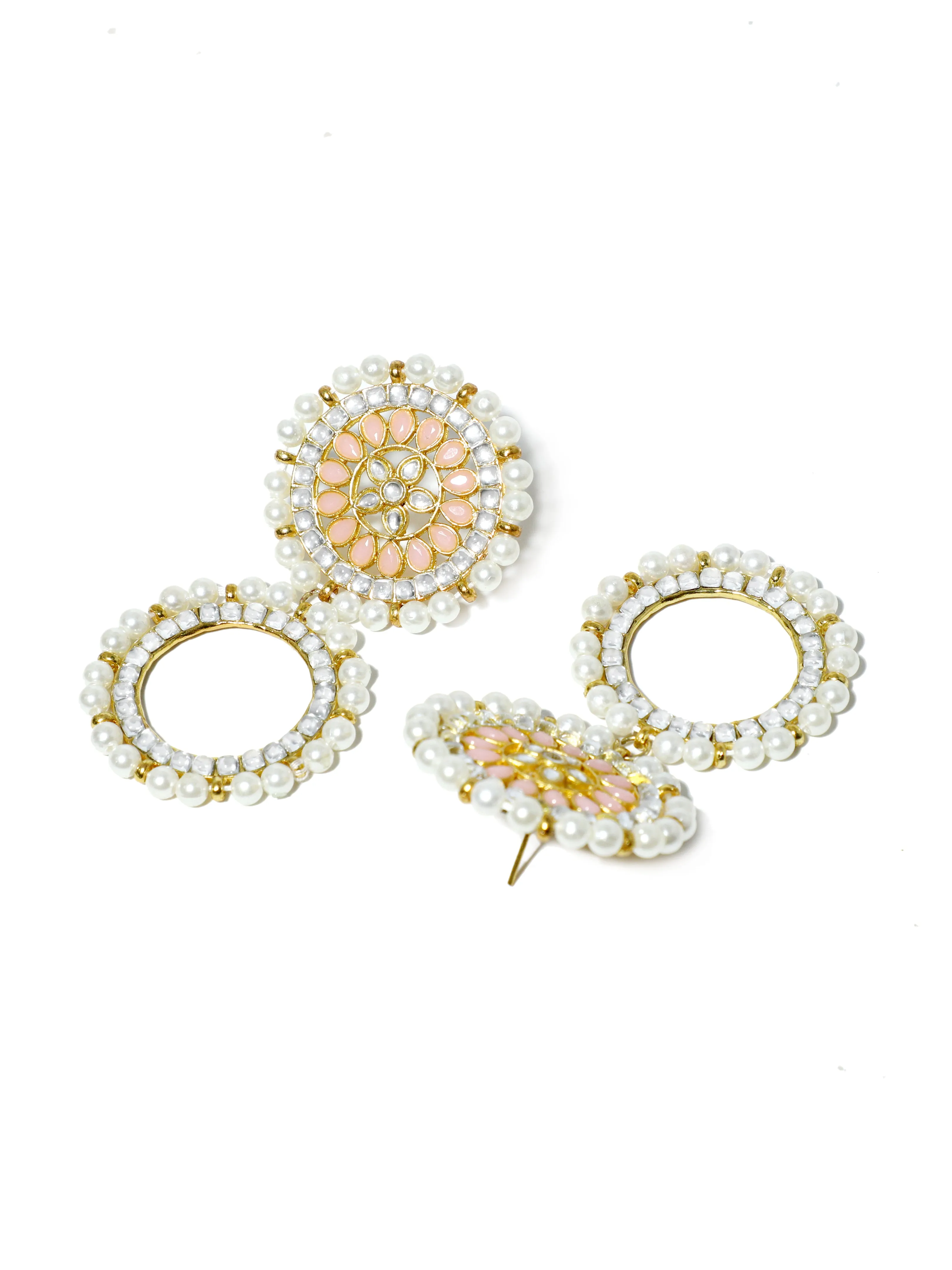 Peach Stone Studded Kundan Hoop Earring with White Pearls Detailing