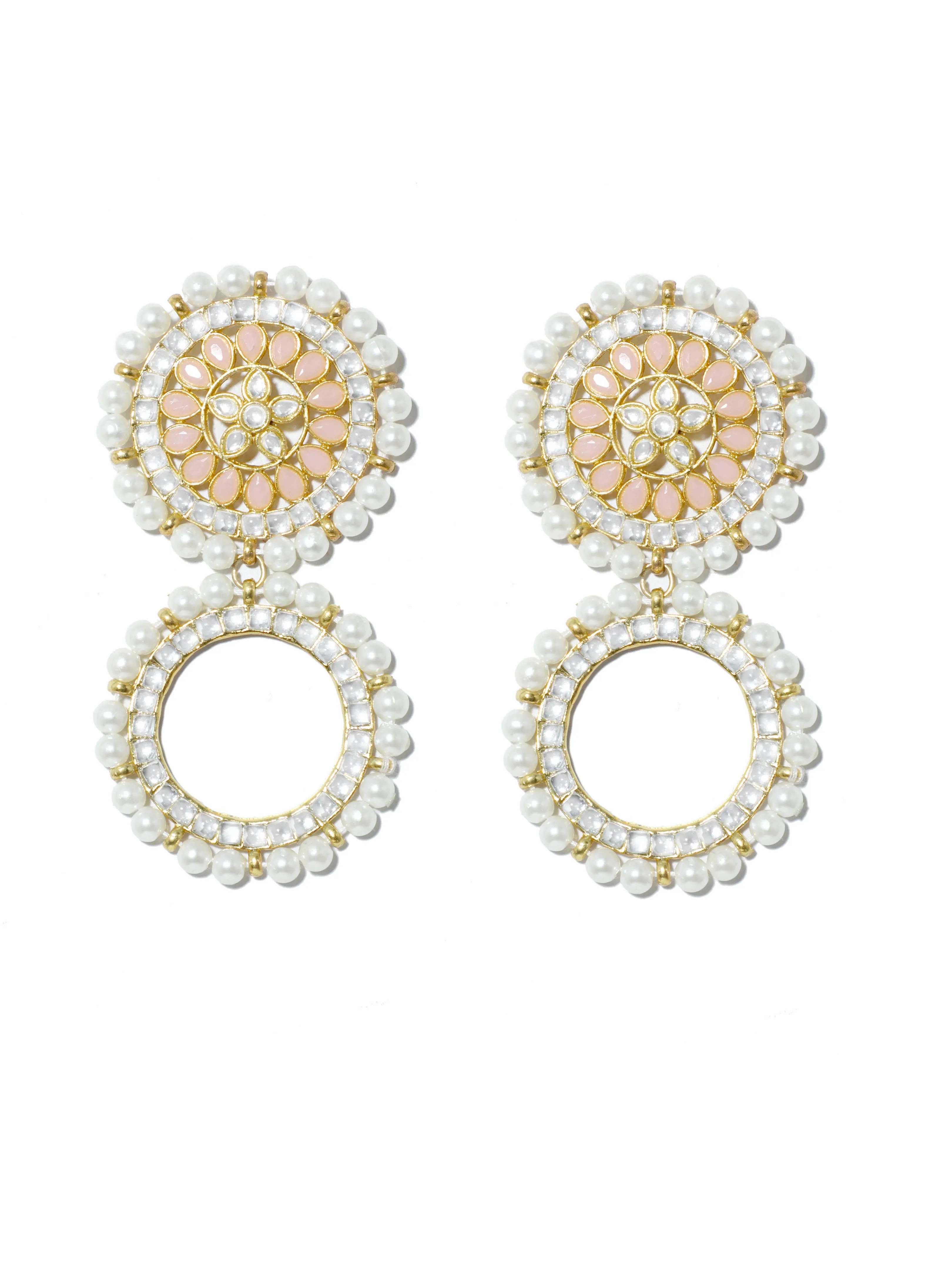 Peach Stone Studded Kundan Hoop Earring with White Pearls Detailing