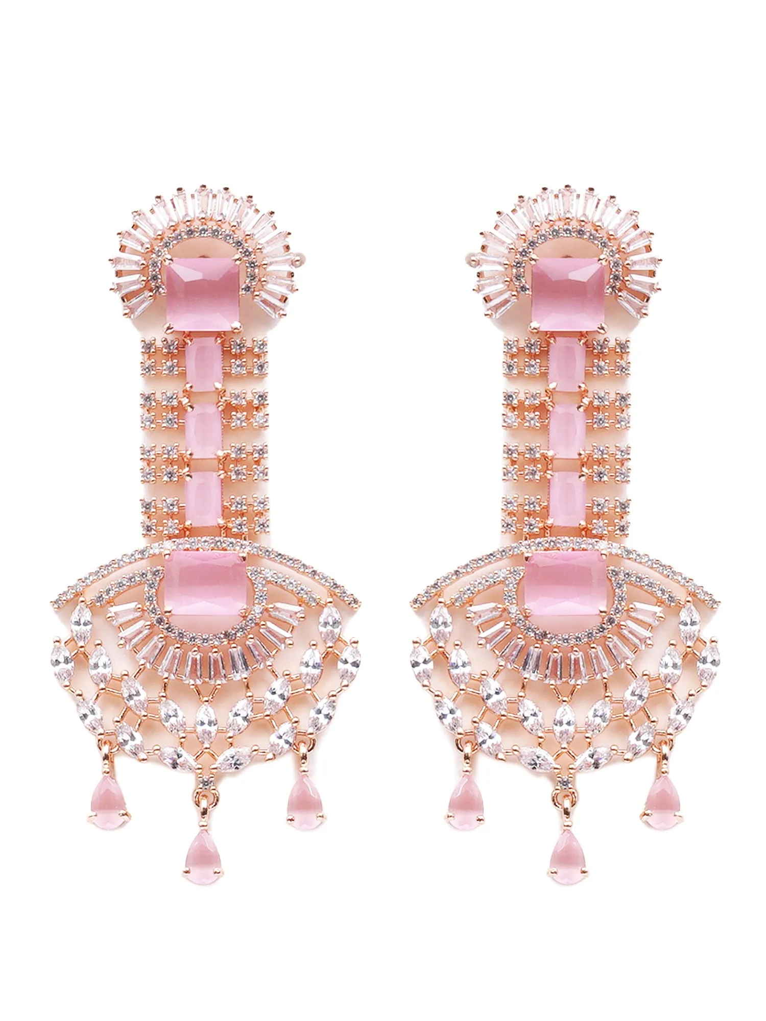 Pink American Diamond and CZ Studded Dangler Earrings