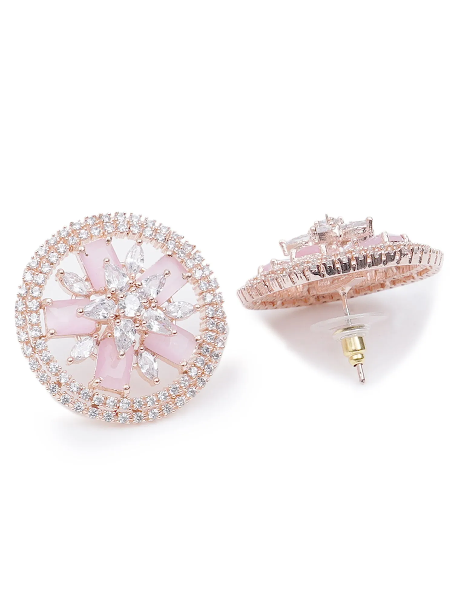Pink American Diamond Studded Floral Stud Earrings