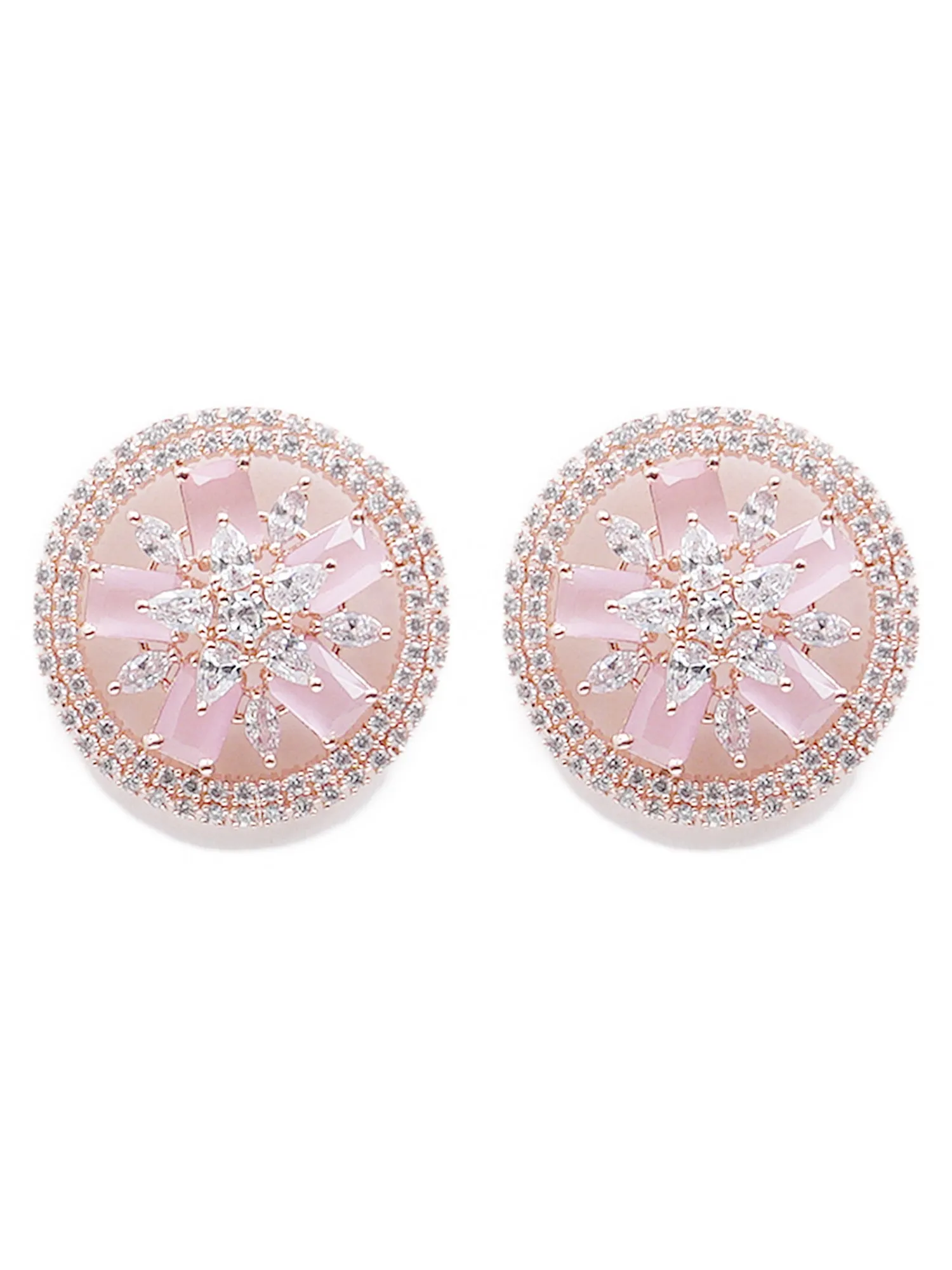Pink American Diamond Studded Floral Stud Earrings
