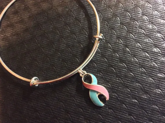 Pink and Blue Awareness Ribbon Expandable Charm Bracelet Adjustable Bangle Gift (Other Awareness Ribbons Available)