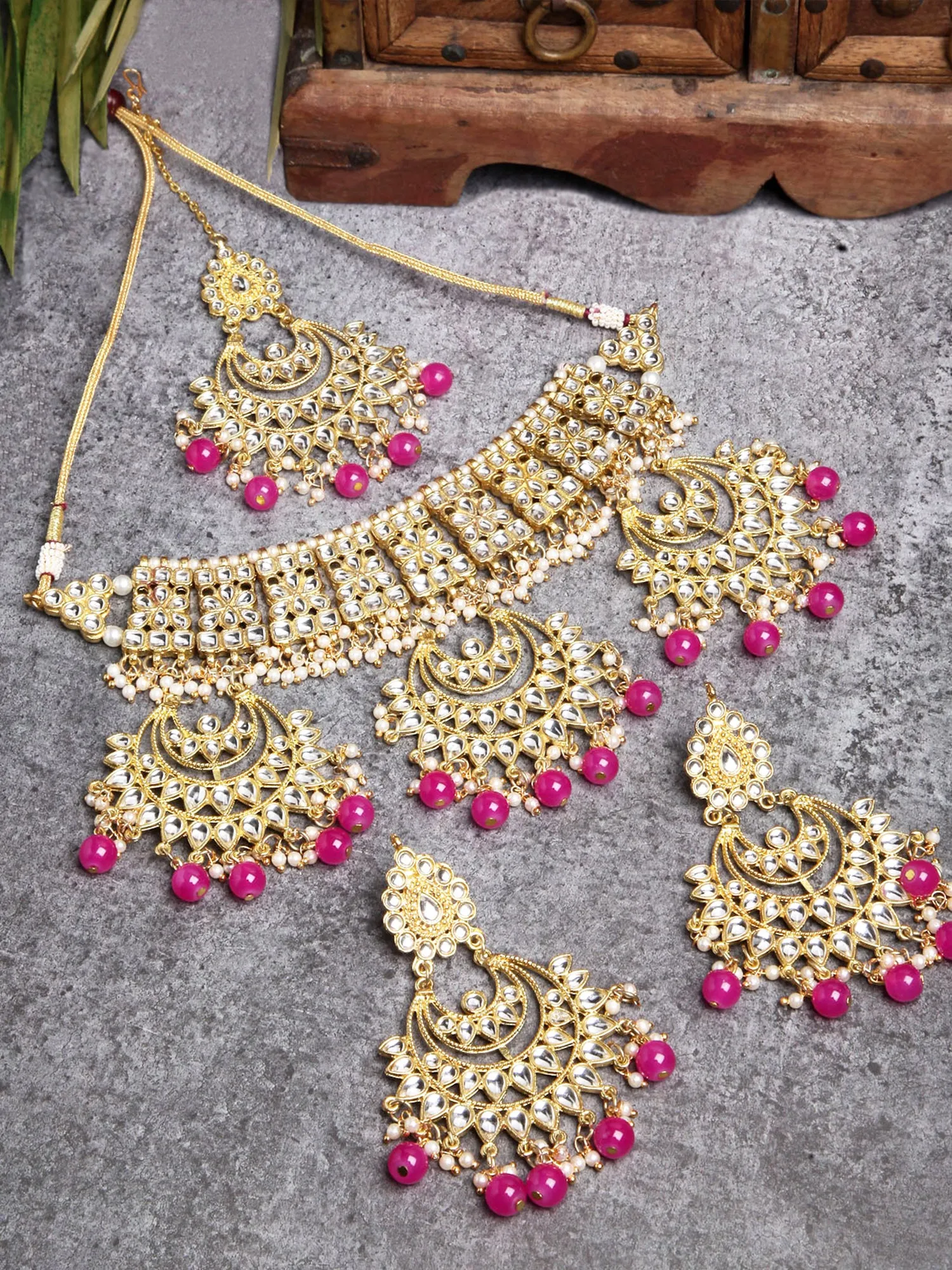 Pink Beads Gold-Toned Kundan Studded Bridal Choker Necklace Set