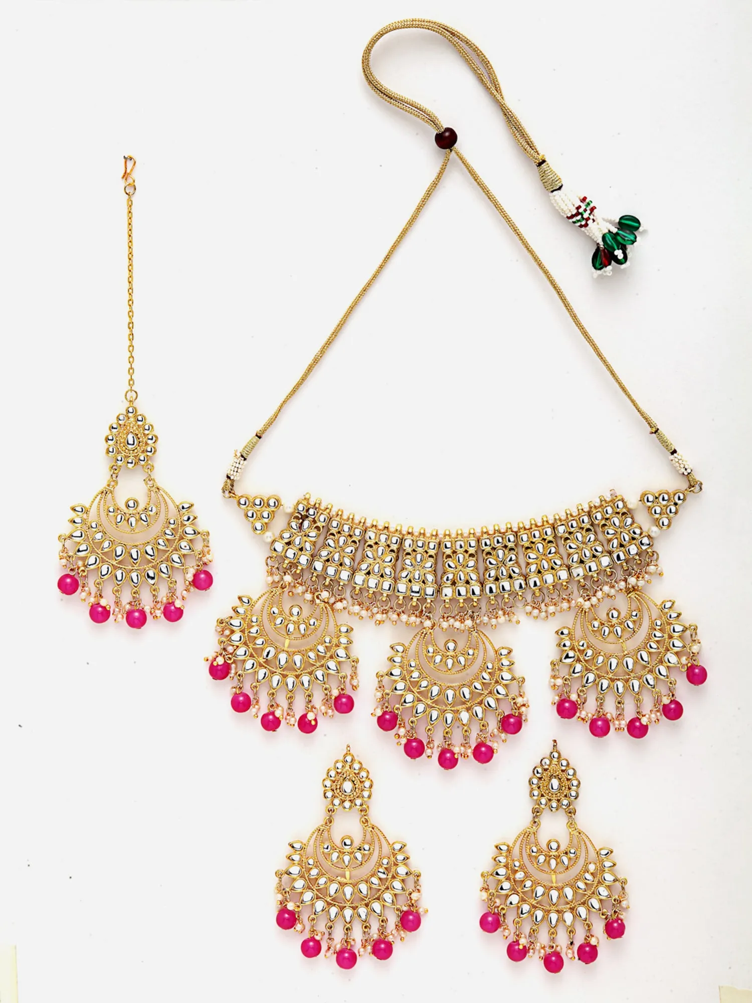 Pink Beads Gold-Toned Kundan Studded Bridal Choker Necklace Set