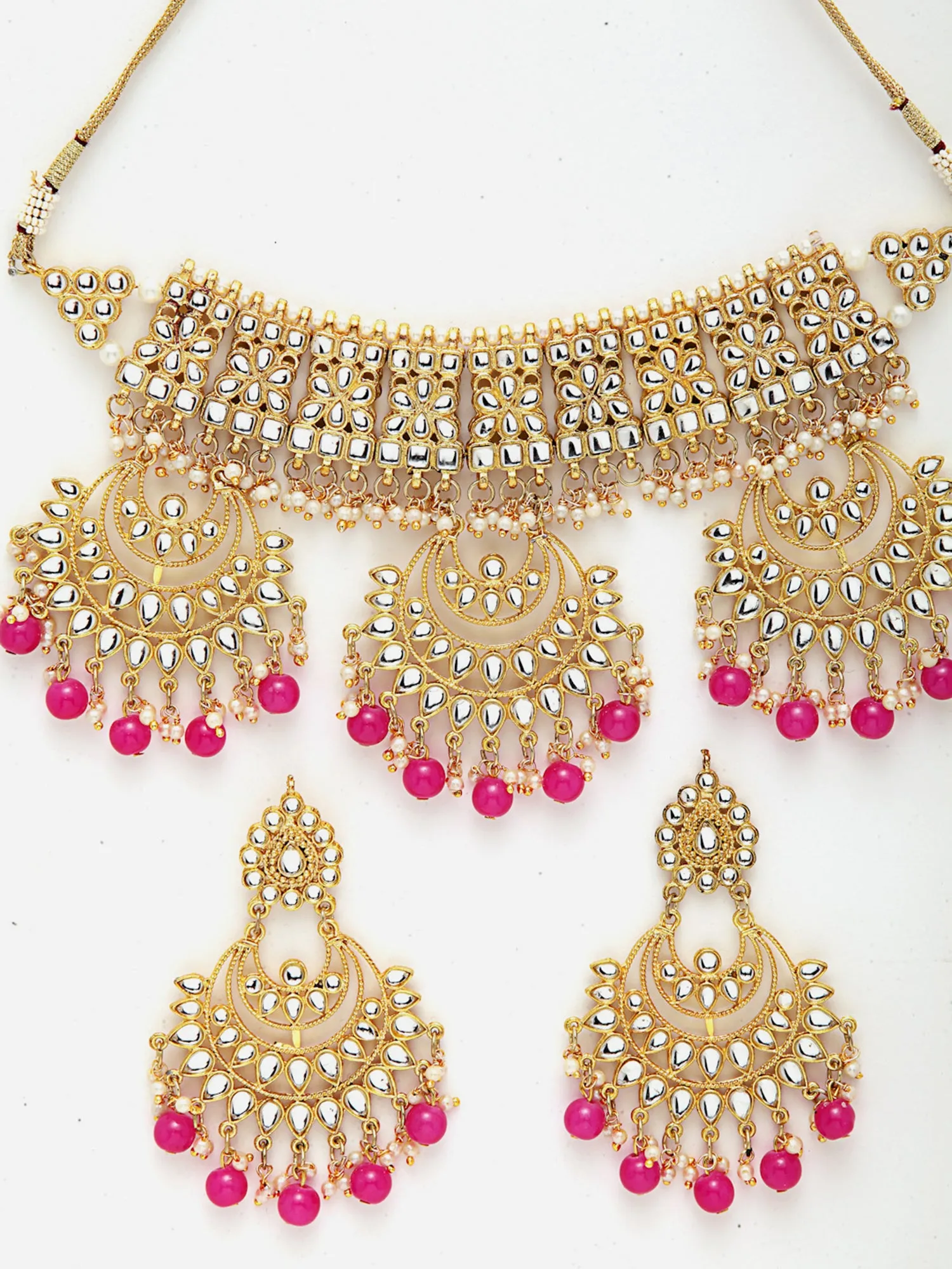 Pink Beads Gold-Toned Kundan Studded Bridal Choker Necklace Set