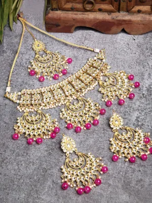 Pink Beads Gold-Toned Kundan Studded Bridal Choker Necklace Set