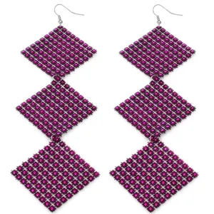 Pink Long Triple Studded Mesh Dangle Earrings