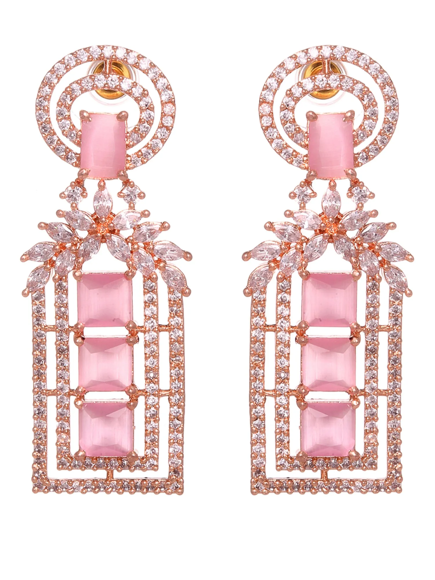 Pink Rose Gold Plated American Diamond Studded Drop Earrings