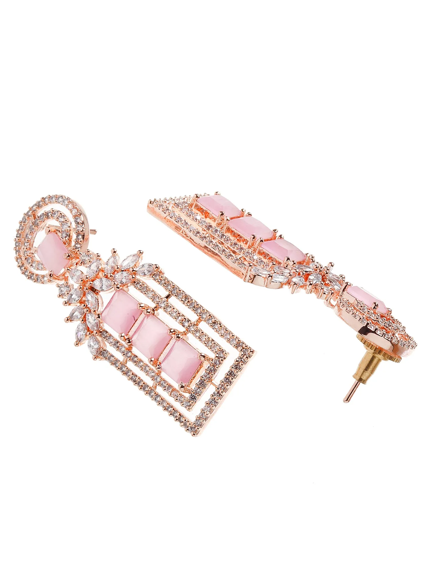 Pink Rose Gold Plated American Diamond Studded Drop Earrings