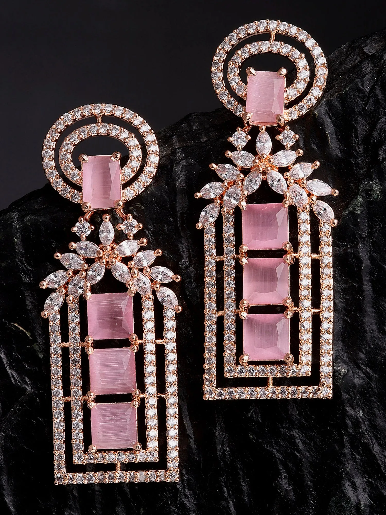 Pink Rose Gold Plated American Diamond Studded Drop Earrings