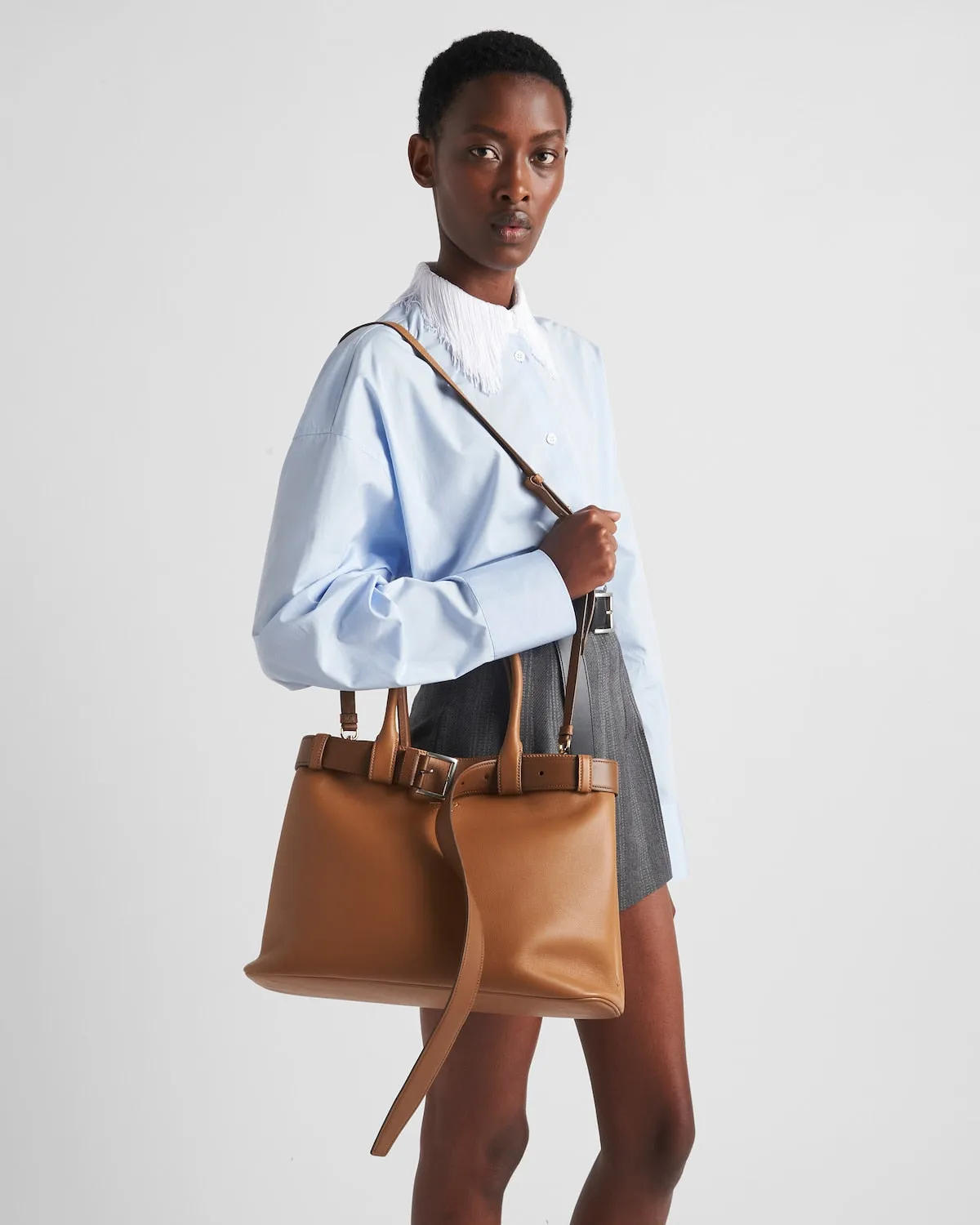 Prada Buckle Large Leather Handbag With Belt