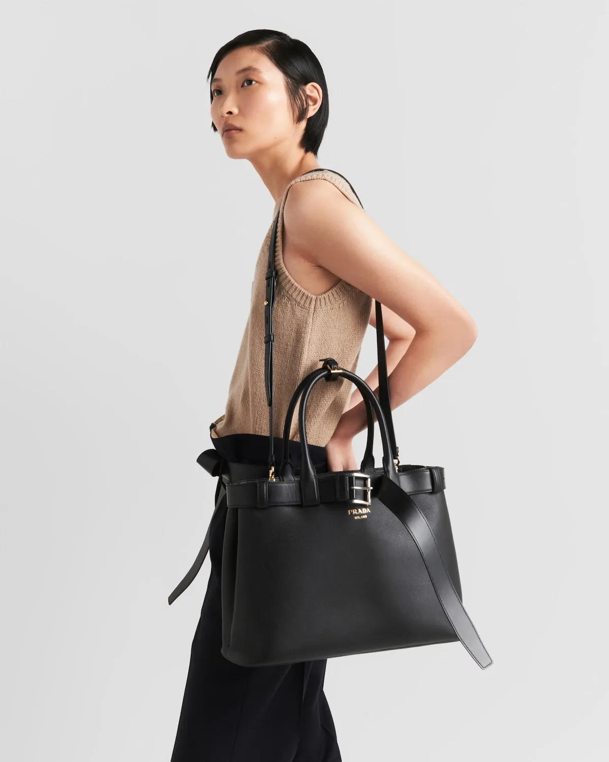Prada Buckle Large Leather Handbag With Belt