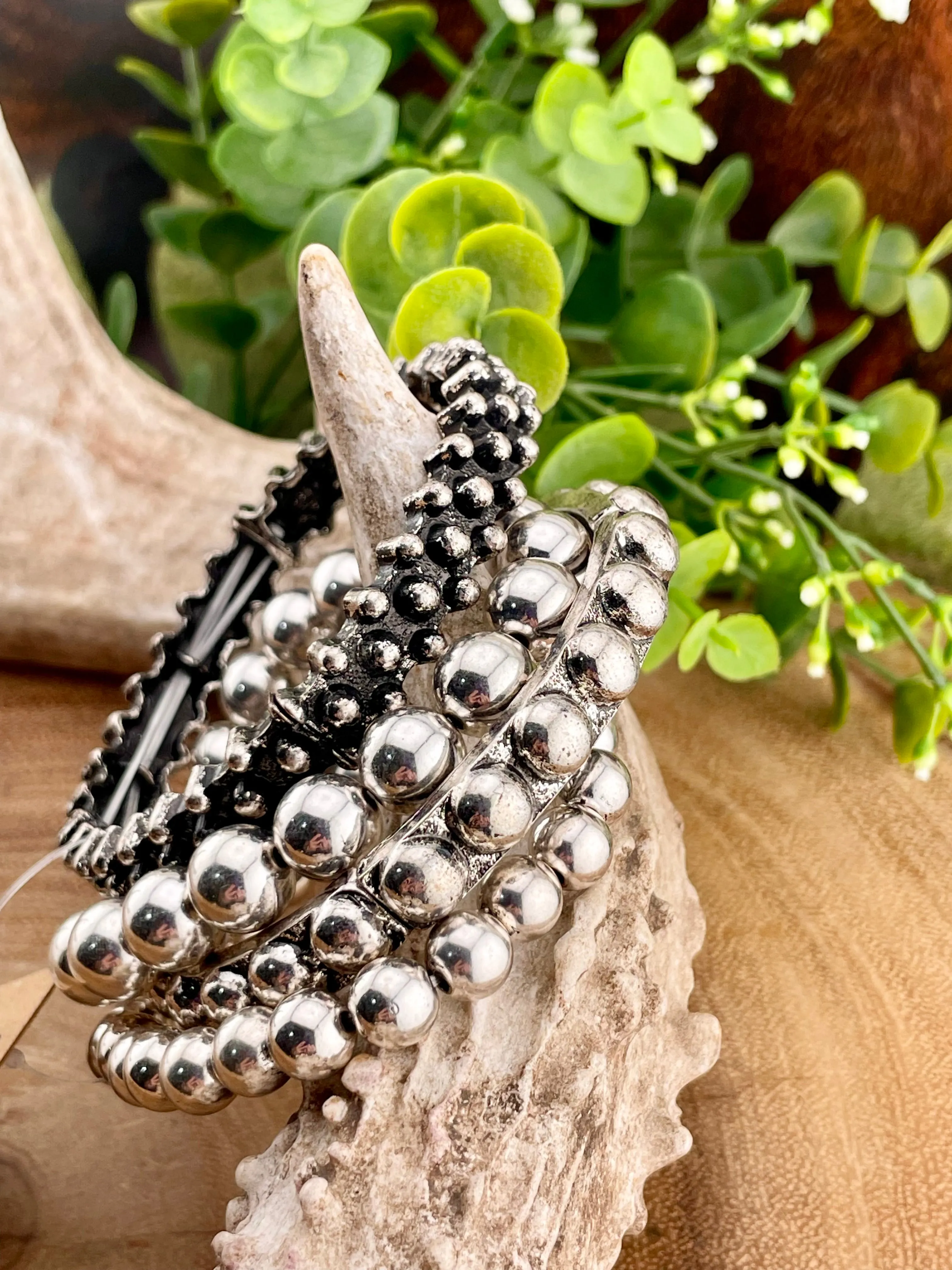 Preston Studded Silver Bead Stackable Fashion Bracelet Set - Silver