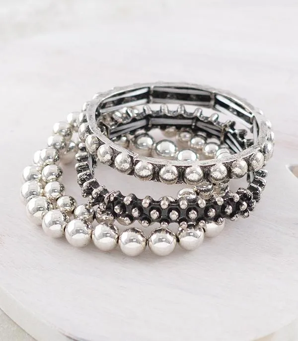 Preston Studded Silver Bead Stackable Fashion Bracelet Set - Silver