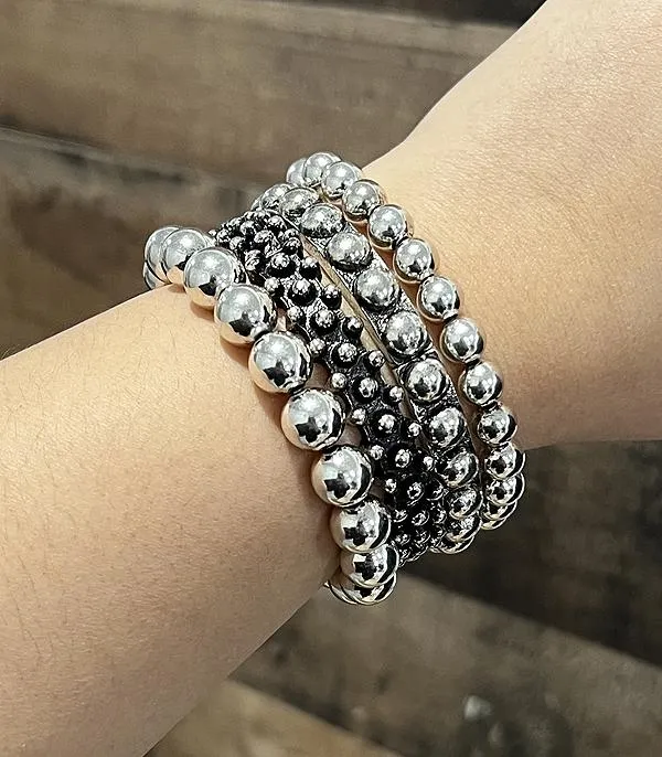 Preston Studded Silver Bead Stackable Fashion Bracelet Set - Silver