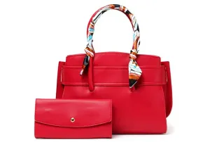 PU Leather Handbags For Women With Scarf 2 in 1 Set Tote Bags - Wine
