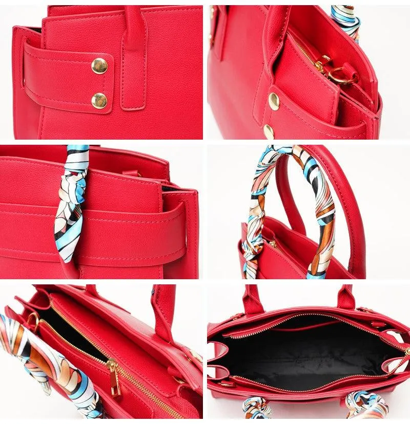 PU Leather Handbags For Women With Scarf 2 in 1 Set Tote Bags - Wine