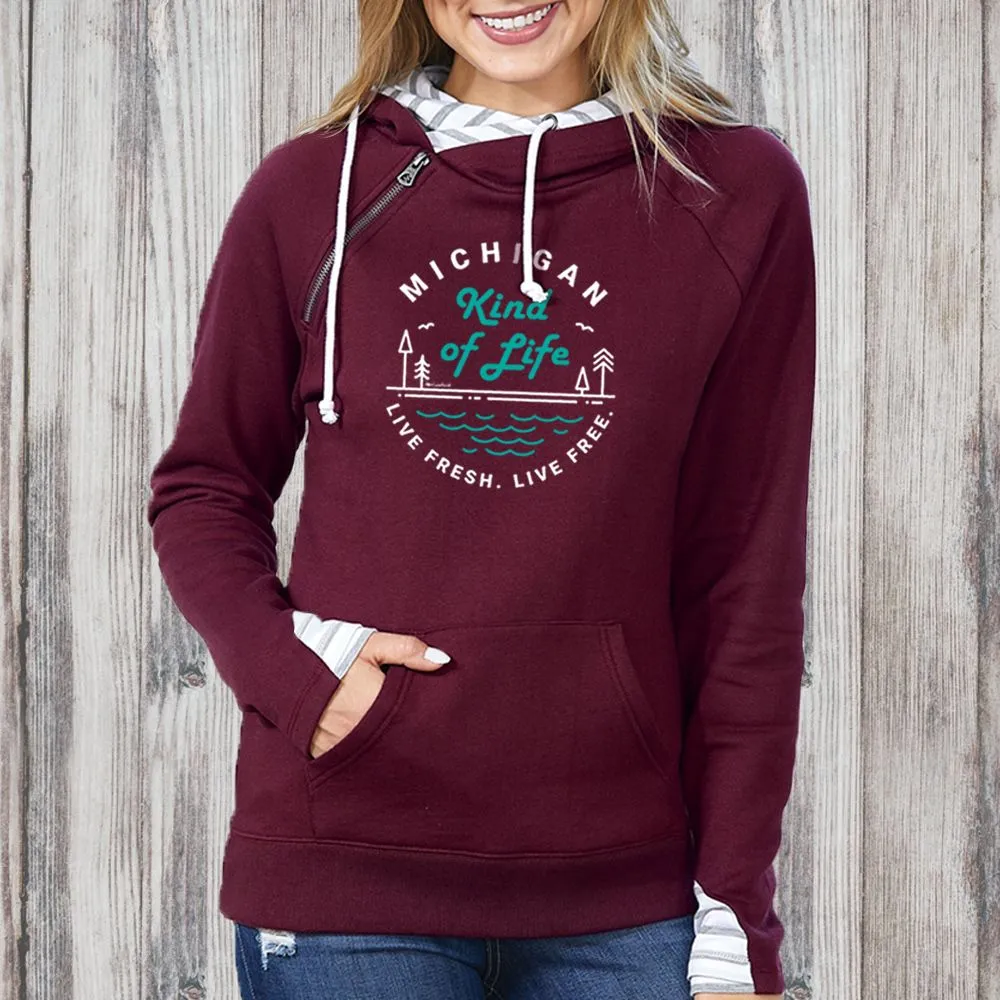 "Michigan Kind Of Life" Women's Striped Double Hood Pullover