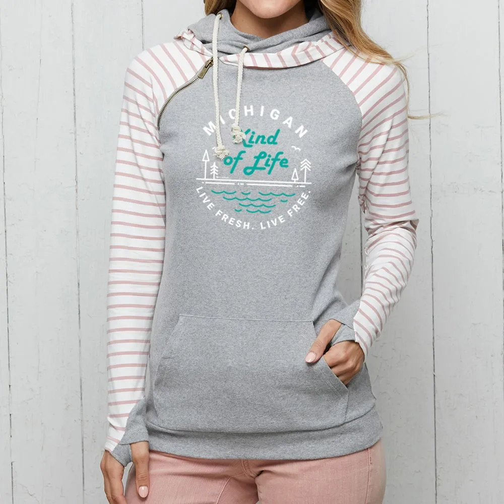"Michigan Kind Of Life" Women's Striped Double Hood Pullover
