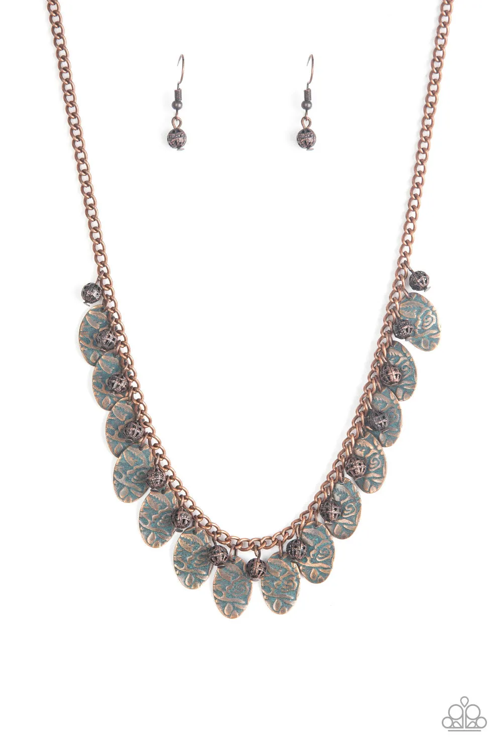 "Vintage Gardens" Copper Metal With Floral Embossed Fringe Necklace Set
