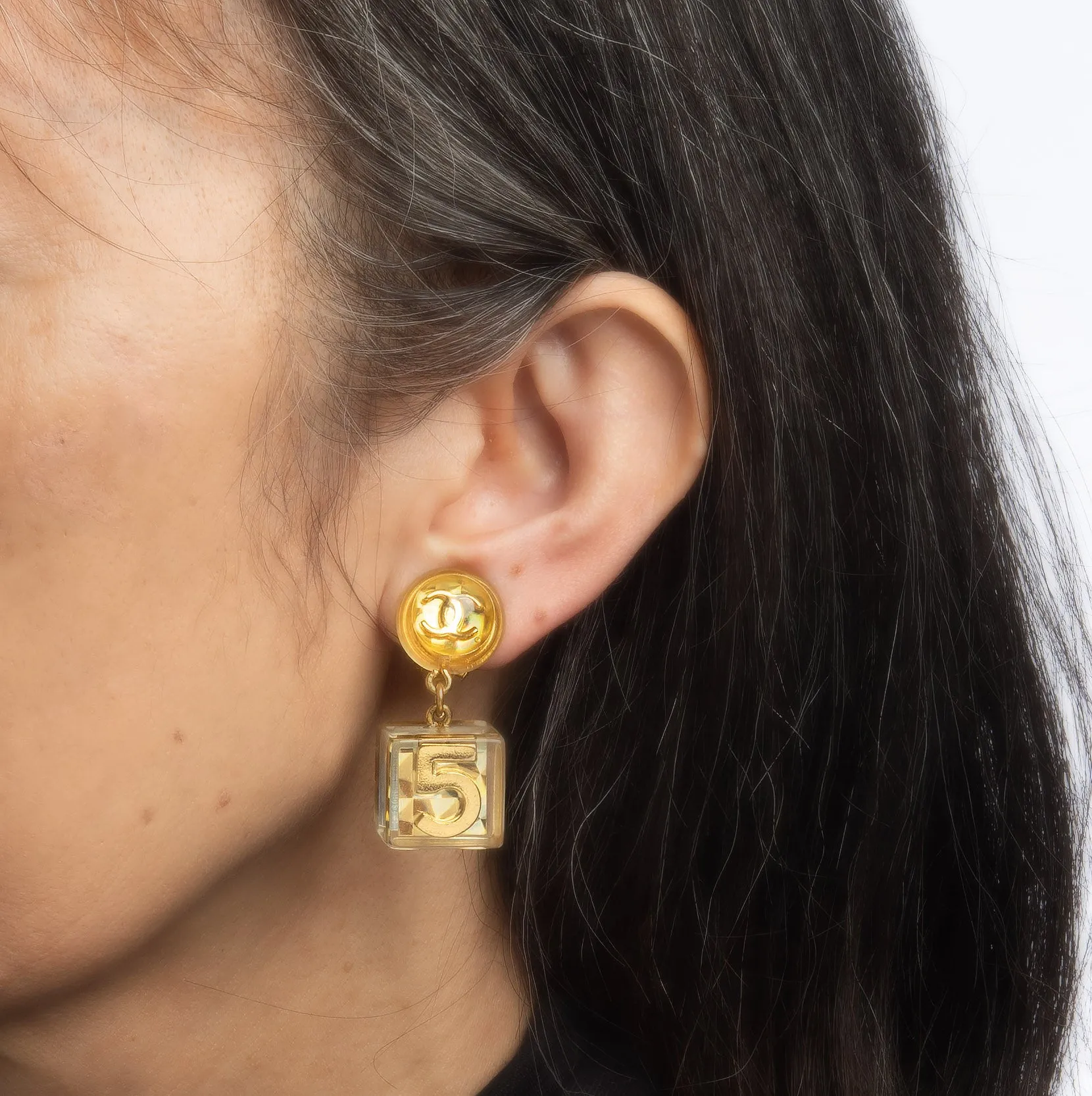 Rare Vintage Chanel No. 5 Cube Earrings 1997 Gold CC Lucite Dangle Drops