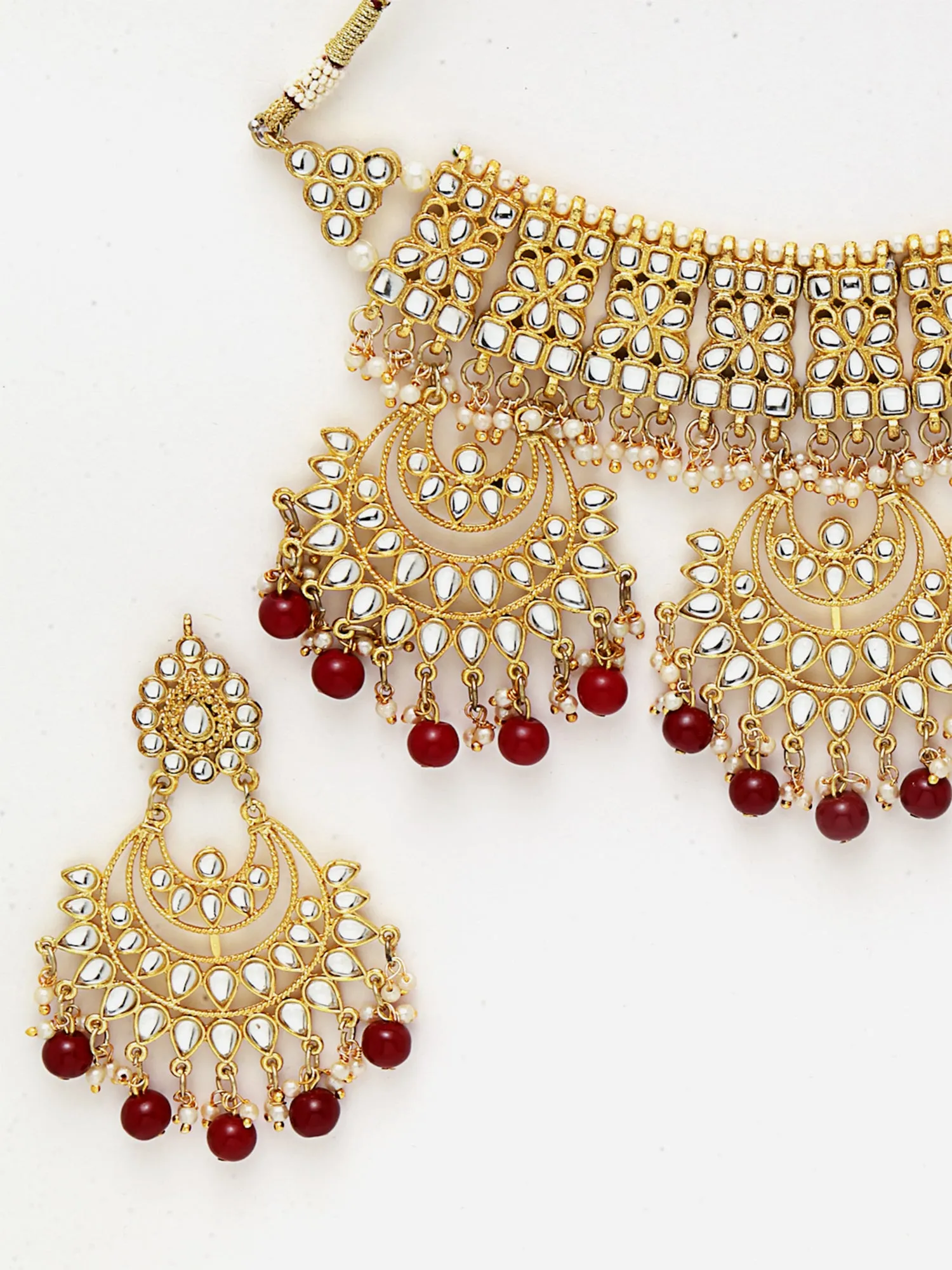 Red Beads Gold-Toned Kundan Studded Bridal Choker Necklace Set
