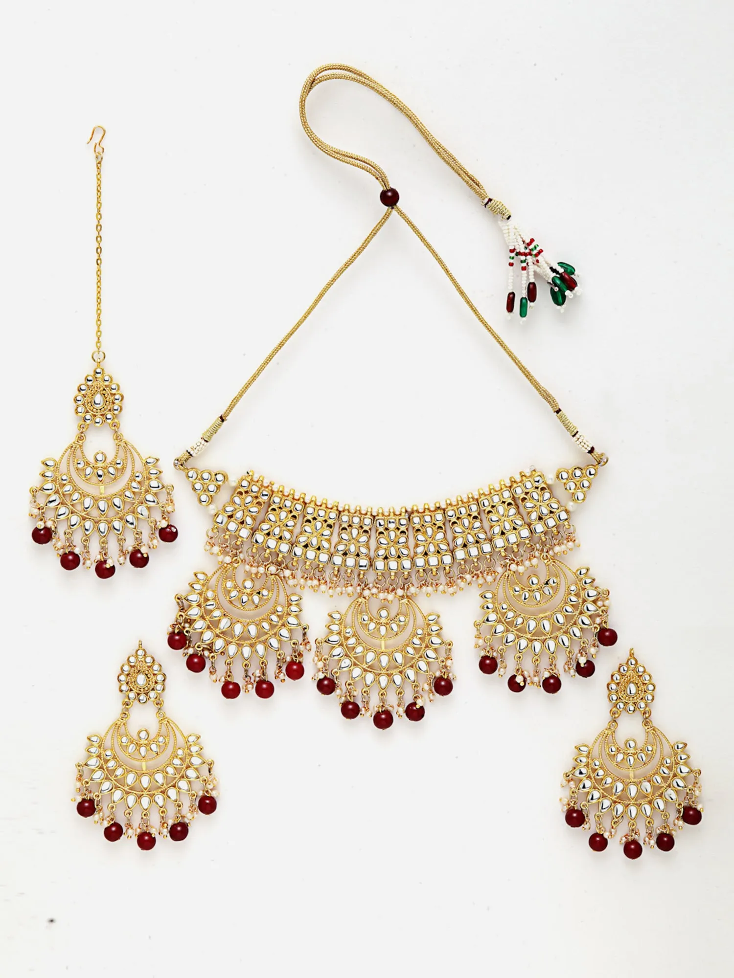 Red Beads Gold-Toned Kundan Studded Bridal Choker Necklace Set