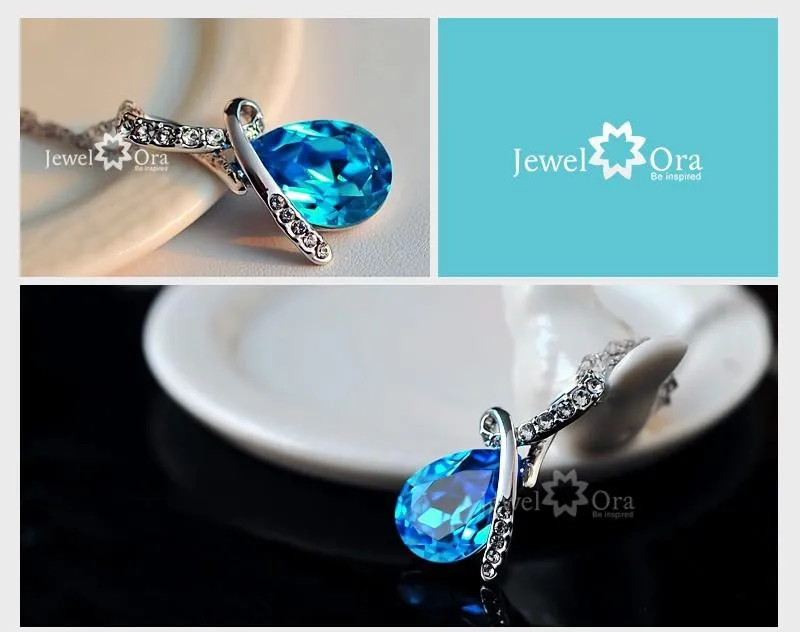 Rhodium Plated Fashion Necklace with Blue Crystal Water Drop Pendant, Gift Ideas for Women