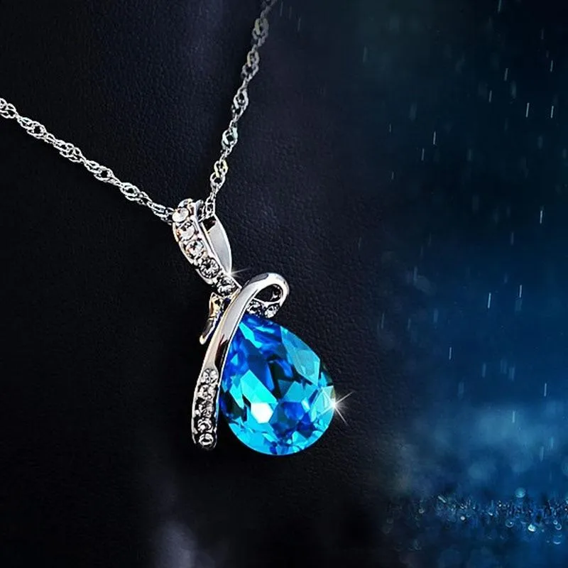 Rhodium Plated Fashion Necklace with Blue Crystal Water Drop Pendant, Gift Ideas for Women