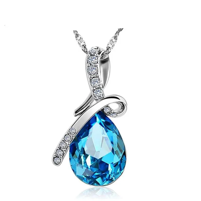 Rhodium Plated Fashion Necklace with Blue Crystal Water Drop Pendant, Gift Ideas for Women