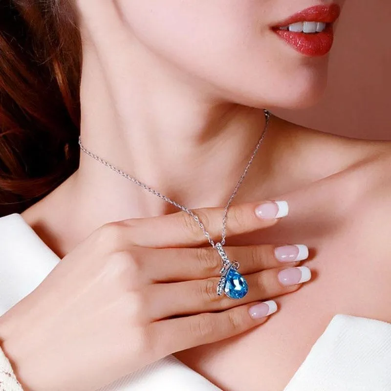 Rhodium Plated Fashion Necklace with Blue Crystal Water Drop Pendant, Gift Ideas for Women