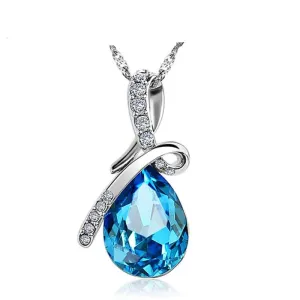 Rhodium Plated Fashion Necklace with Blue Crystal Water Drop Pendant, Gift Ideas for Women