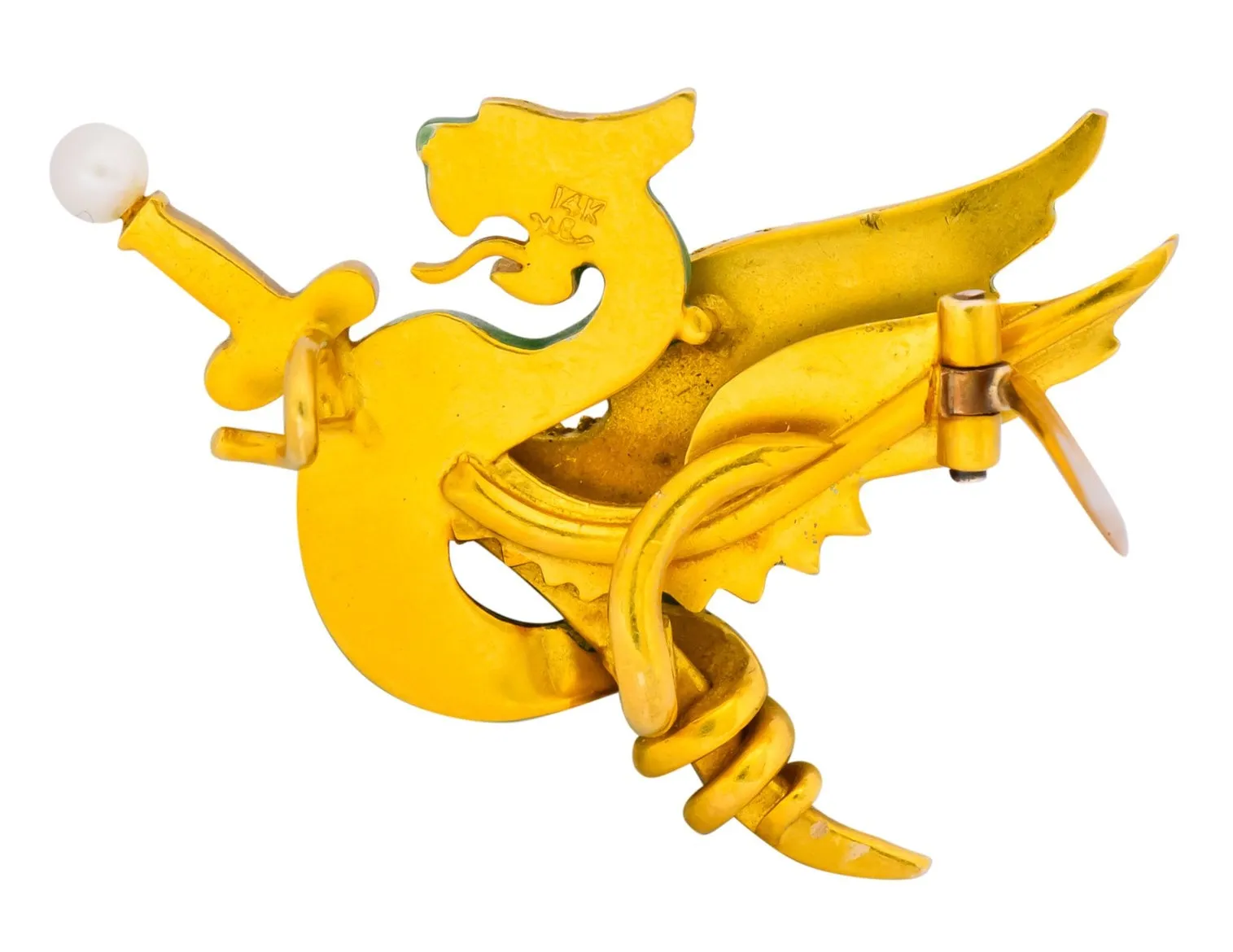 Riker Bros. Art Nouveau Enamel Ruby Diamond Pearl Serpent Dragon Sword Brooch