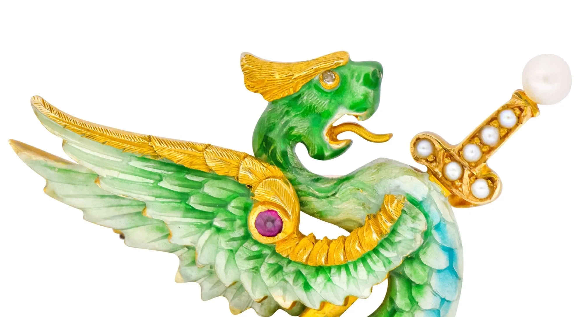Riker Bros. Art Nouveau Enamel Ruby Diamond Pearl Serpent Dragon Sword Brooch