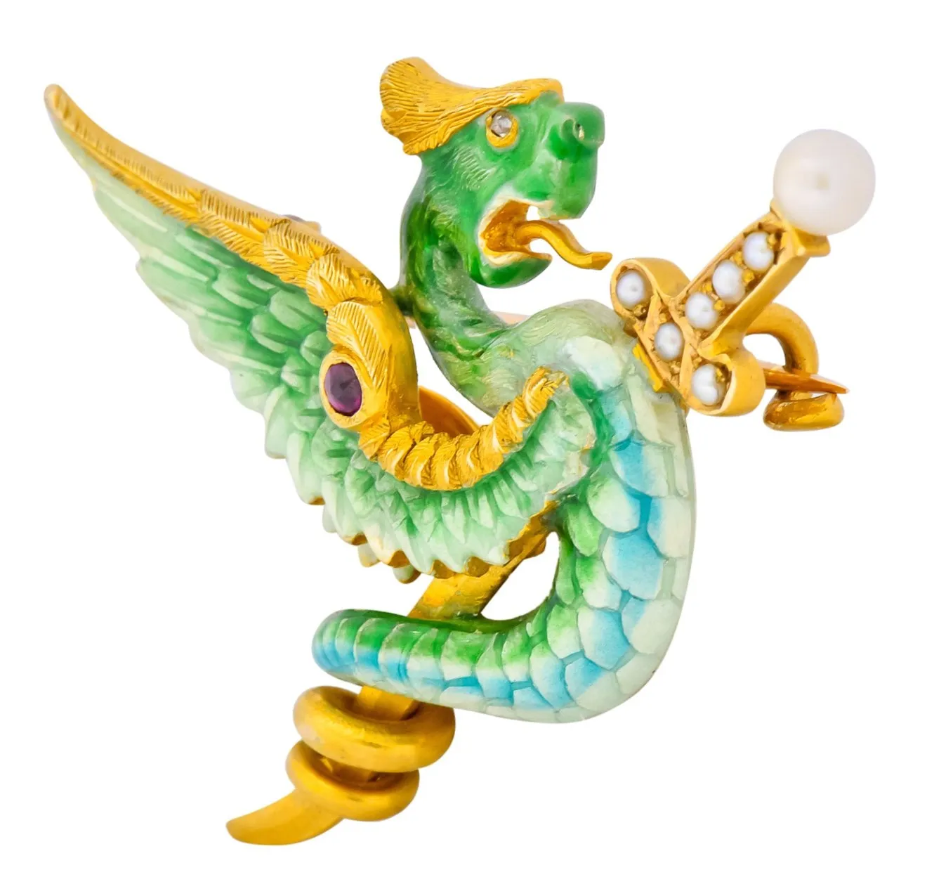 Riker Bros. Art Nouveau Enamel Ruby Diamond Pearl Serpent Dragon Sword Brooch
