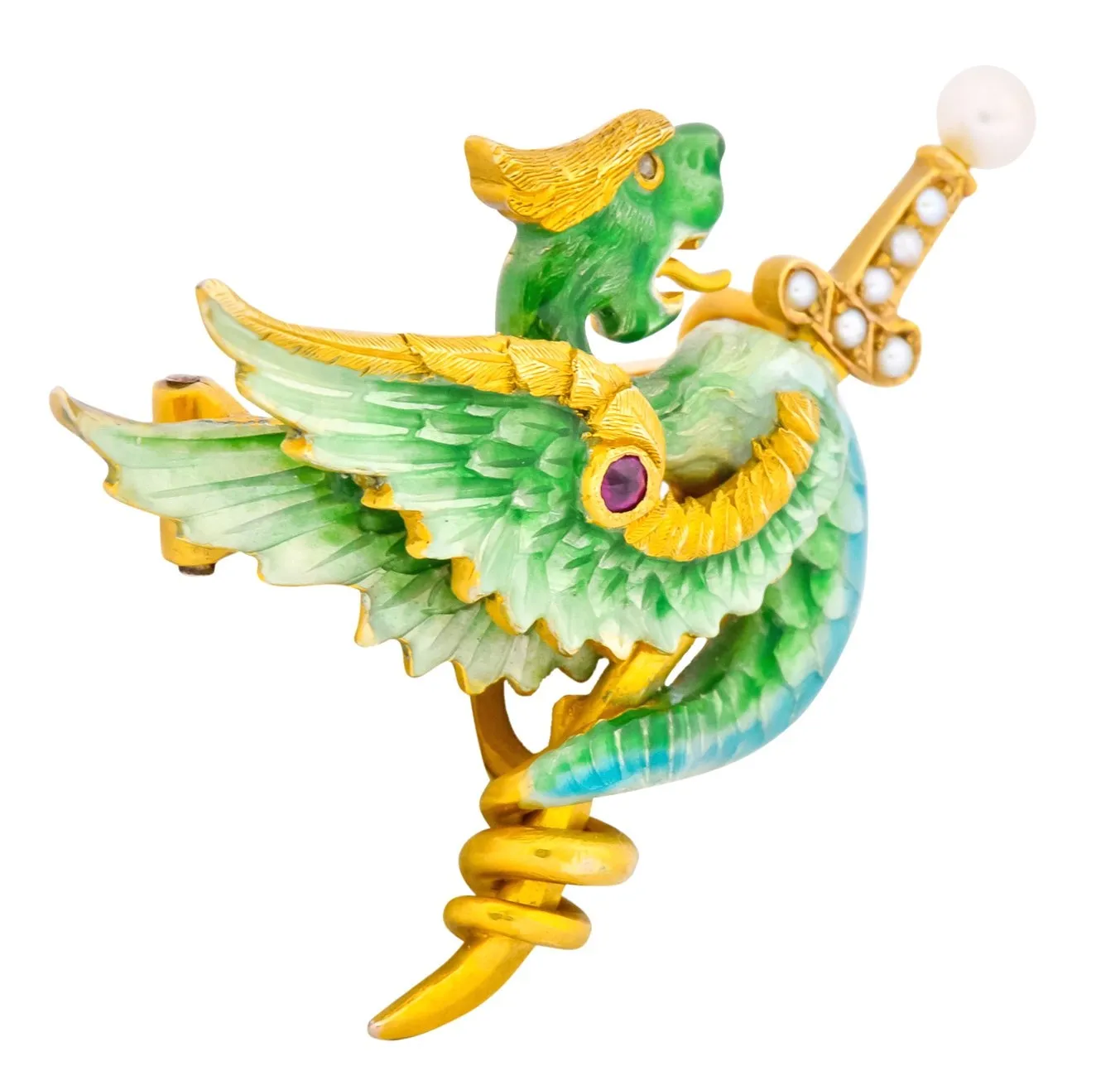 Riker Bros. Art Nouveau Enamel Ruby Diamond Pearl Serpent Dragon Sword Brooch