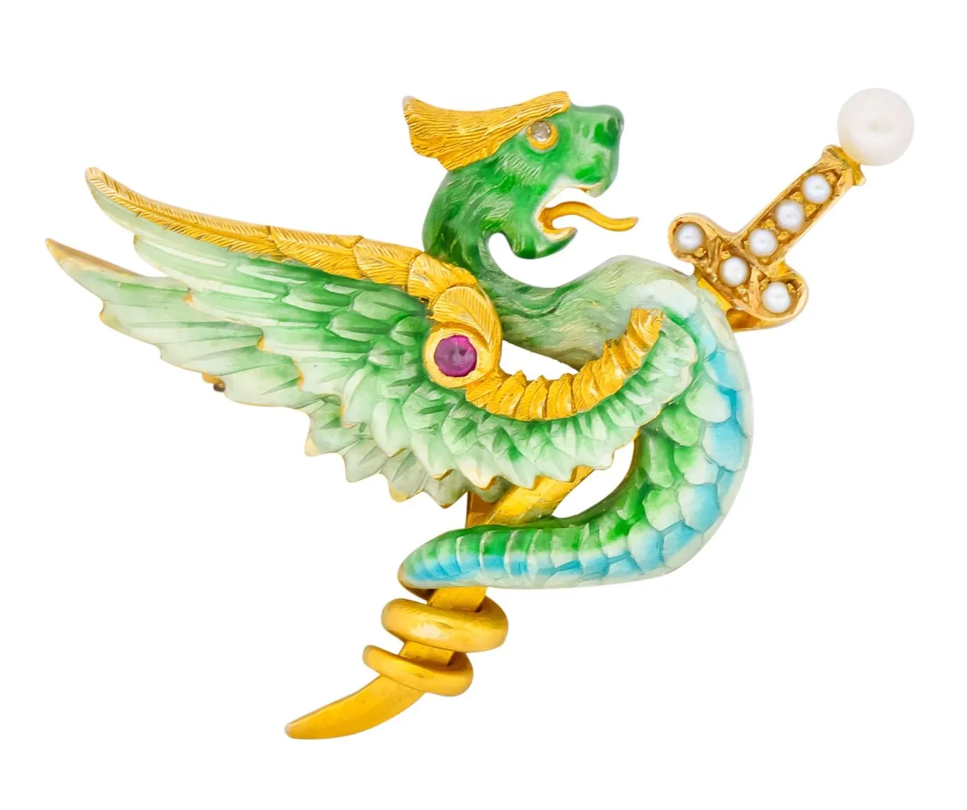 Riker Bros. Art Nouveau Enamel Ruby Diamond Pearl Serpent Dragon Sword Brooch