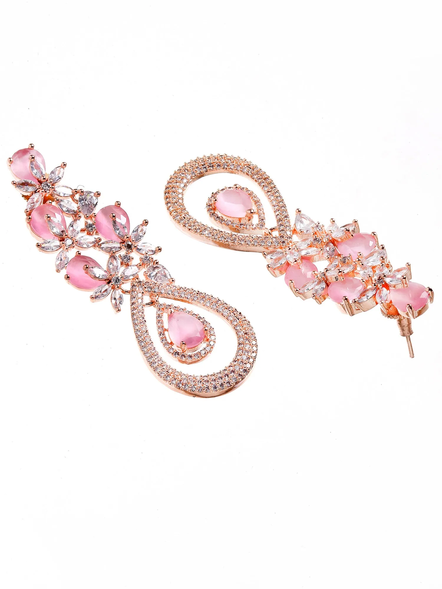 Rose Gold Plated Pink CZ and American Diamond Studded Dangler Earrings