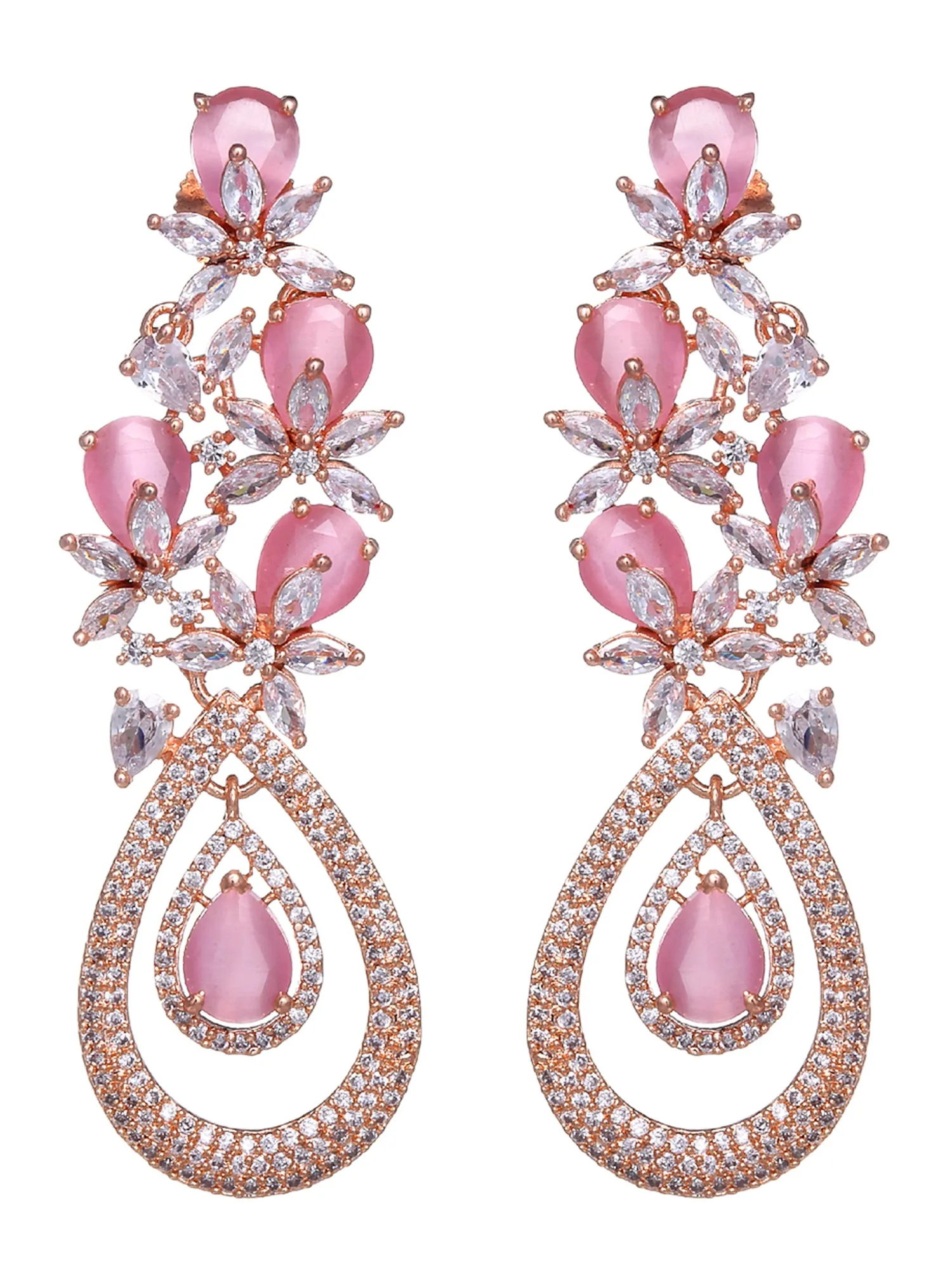 Rose Gold Plated Pink CZ and American Diamond Studded Dangler Earrings