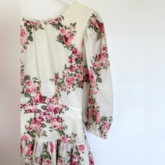 Roses Linen and cotton tiered dress cream small NWT