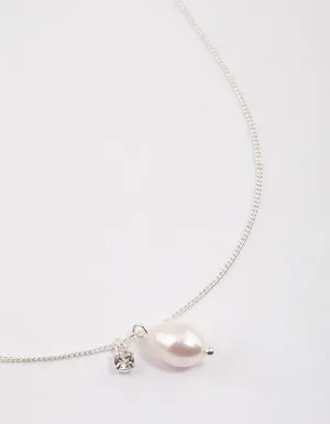 Silver Freshwater Pearl Diamante Drop Necklace & Polishing Set