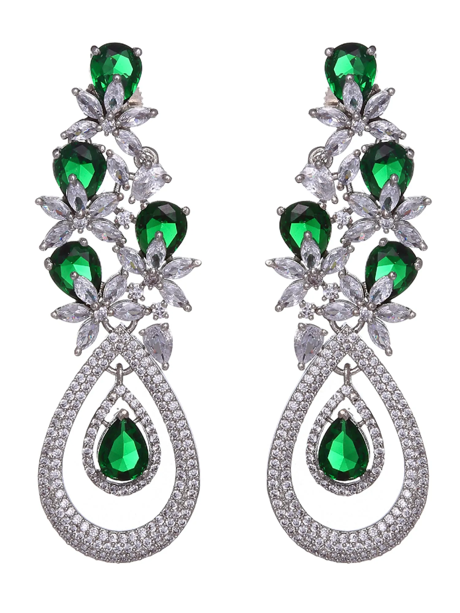 Silver Plated Green CZ and American Diamond Studded Dangler Earrings