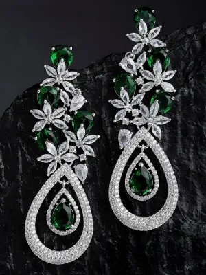 Silver Plated Green CZ and American Diamond Studded Dangler Earrings