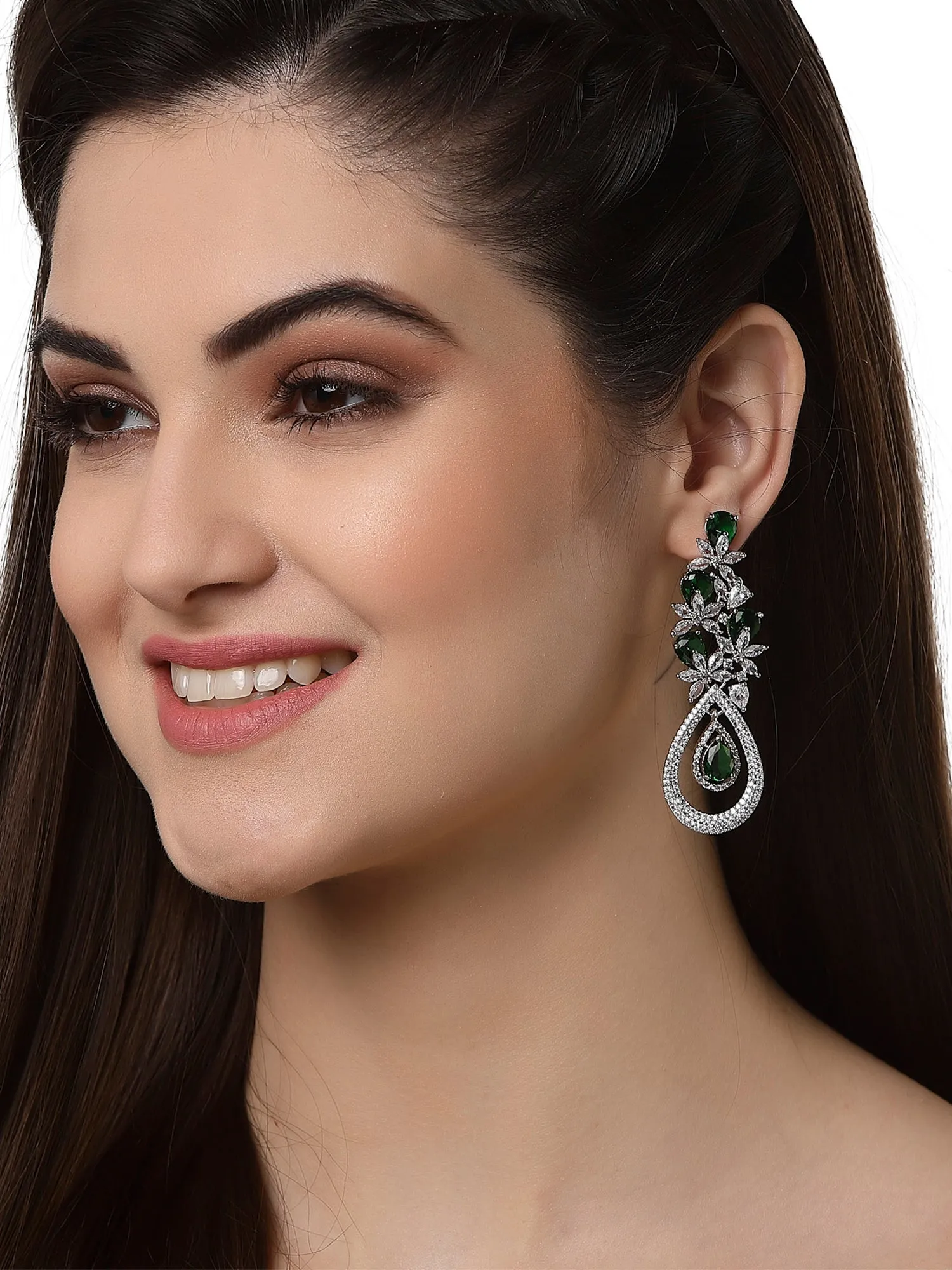 Silver Plated Green CZ and American Diamond Studded Dangler Earrings